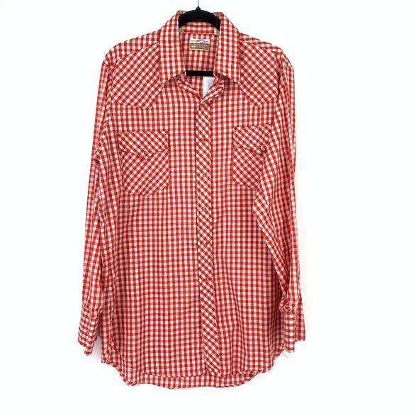 Sears Western Wear Long Sleeve Snap Button Shirt Mens Sz LT Red White Check - Picture 1 of 7